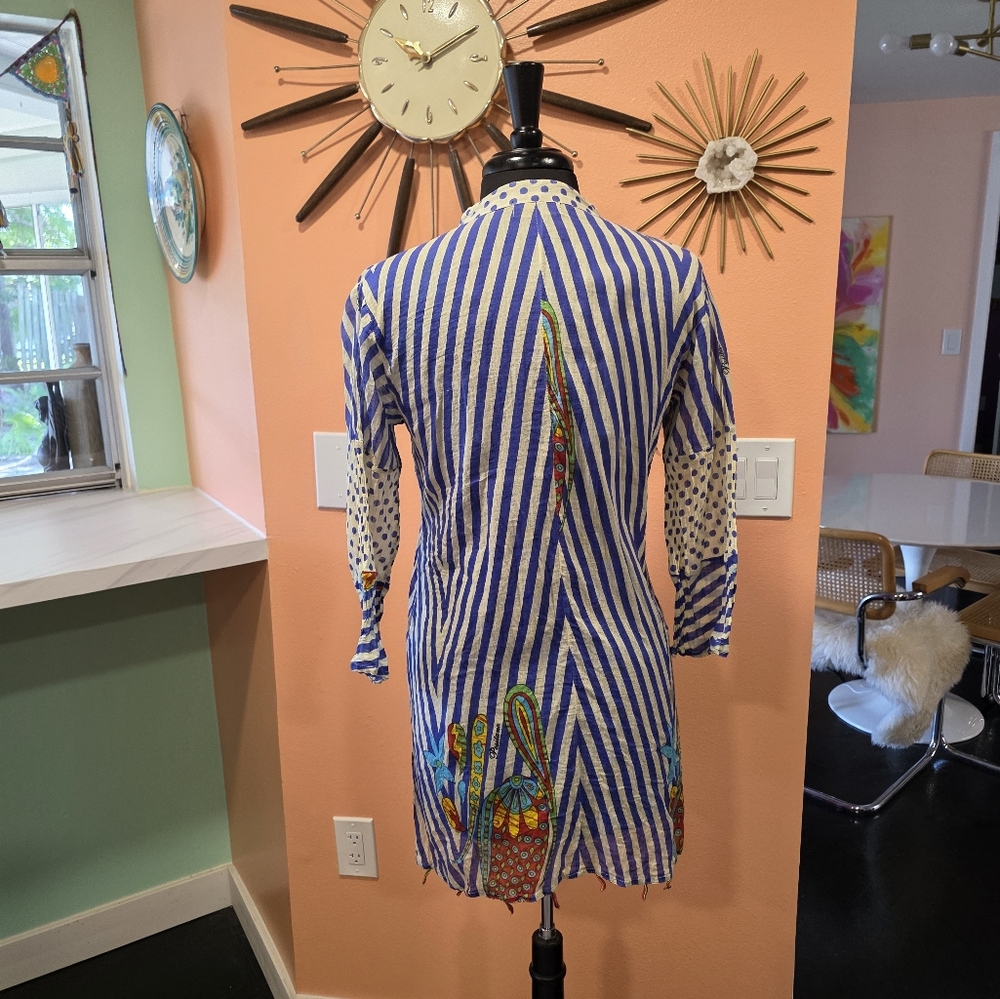 Positano By Jean Paul Small Blue & Cream Beaded Embellished V-Neck Tunic Top - Picture 4 of 16